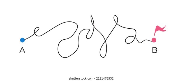 Chaos way from point A to B and red flag. Business metaphor. Searching solution problem concept. Vector illustration 10 eps