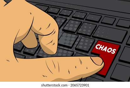 Chaos word on computer keyboard. Man push keypad on laptop. Comic book style concept.