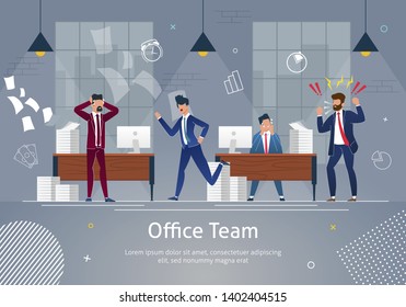 Chaos at Workplace. Office Team in Panic. Angry and Annoyed Businessmen at Work Office Banner. Stressed Worker at Table Character in Desperation. Screaming Cartoon Male Boss or Employer.