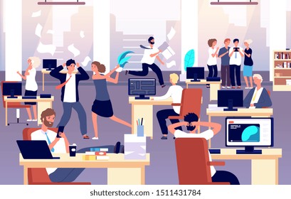 Chaos in workplace. Sleepy lazy, unorganized employees in office. Bad organization control, business corporate problems vector concept