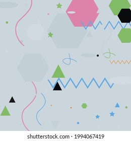 El caos Zigzag negro fondo vector azul. Ilustración de Arte Geométrico Gris con Sombras Rosa Triangular Naranja. Color verde ovalado plateado Fondo Hipster Moderno. Patrón de Arte Moderno de Polygon Pastel.