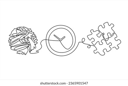 Chaos,clock and puzzle , abstract concept vector illustration. Metaphor of disorganized difficult problem found solution, mess with single continuous tangle thread in need of unraveling.