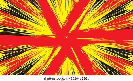 Chaotic abstract burst design with bold red, yellow, and black streaks radiating from the center.