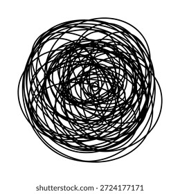 Rabiscos de linha abstrata caótica, emaranhado emaranhado, confusão, ilustração vetorial desenhada à mão. Elementos gráficos em preto e branco para design e etiquetas. A complexa forma redonda dos pensamentos
