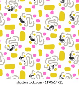 Chaotic abstract shapes seamless vector yellow and pink pattern.