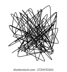 Líneas abstractas caóticas, garabatos, confusión, Ilustración vectorial dibujada a mano. Elemento gráfico en blanco y negro para diseño, etiquetas. Forma compleja de pensamientos descuidados, depresión, histeria