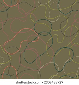 Chaotic artistic color seamless pattern. Creative swirls, curved one line doodle drawing swirls elements. Ink pen freehand shapes line art. Vector design for fabric, textile print, wrapping, wallpaper