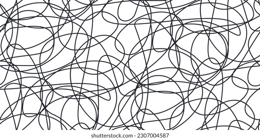 Chaotic artistic seamless pattern. Creative swirls, curved one line doodle drawing swirls elements. Ink pen freehand shapes line art. Vector design for fabric, textile print, wrapping, wallpaper