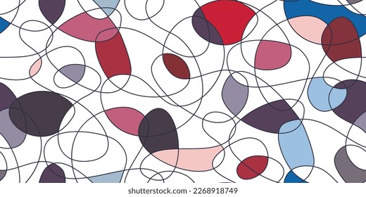 Chaotic artistic seamless pattern. Modern design in style of Neoplasticism, Bauhaus, Mondrian. Creative curved line drawing swirls elements. Perfect for interior design, printing, web design. Vector