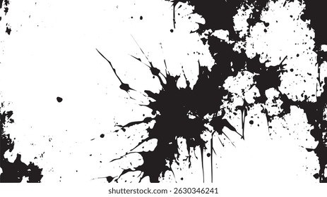 Salpicadura de tinta negra caótica sobre fondo blanco con efectos de goteo