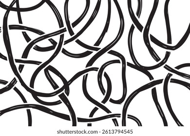 Chaotic black lines intertwine on a white background. This abstract hand-drawn pattern adds a dynamic and artistic touch to various design projects and creative applications.