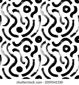 Chaotic black wavy lines and circles. Hand drawn black and white mosaic texture. Abstract fashion trendy seamless pattern with hand drawn curly lines for textile, wrapping paper, surface, background