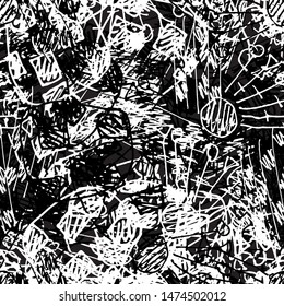 Chaotic black and white grunge texture. Seamless abstract pattern of simple elements. Structure of old vintage surface