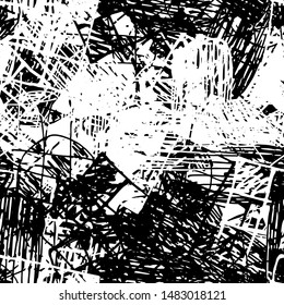 Chaotic black and white grunge texture. Seamless abstract pattern of simple elements. Structure of old vintage surface