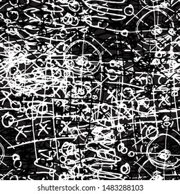 Chaotic black and white grunge texture. Seamless abstract pattern of simple elements. Structure of old vintage surface