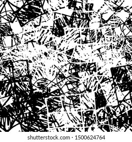 Chaotic black and white grunge texture. Seamless abstract pattern of simple elements. Structure of old vintage surface