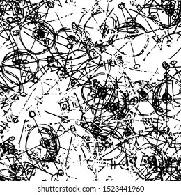 Chaotic black and white grunge texture. Seamless abstract pattern of simple elements. Structure of old vintage surface