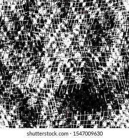 Chaotic black and white grunge texture. Seamless abstract pattern of simple elements. Structure of old vintage surface