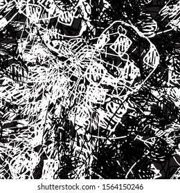 Chaotic black and white grunge texture. Seamless abstract pattern of simple elements. Structure of old vintage surface