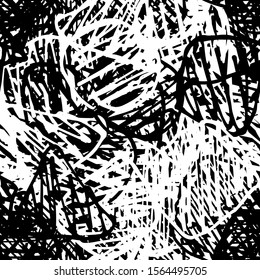 Chaotic black and white grunge texture. Seamless abstract pattern of simple elements. Structure of old vintage surface