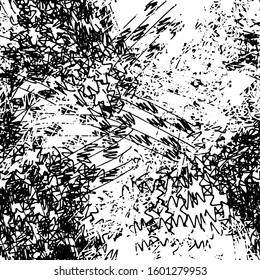 Chaotic black and white grunge texture. Seamless abstract pattern of simple elements. Structure of old vintage surface