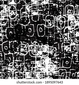 Chaotic black and white grunge texture. Seamless abstract pattern of simple elements. Structure of old vintage surface