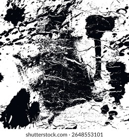 Chaotic black and white grunge textured seamless pattern with splashes, scratches, doodles and cracked elements. Distressed abstract background for edgy designs and urban aesthetics. Endless texture.