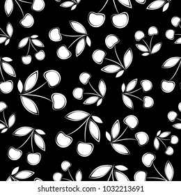 Chaotic black and white pattern of cherries. Silhouettes of cherries on a black background.