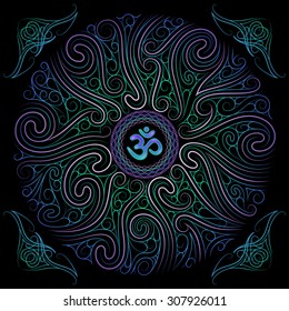 chaotic blue and green circular floral pattern, decorative elements corners and sacred symbol Om, vector EPS 10