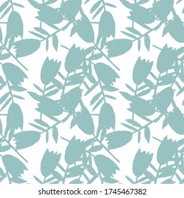Flores azul caóticas sin fisuras sobre fondo blanco. Resumen de fondo de escritorio interminable floral. Ilustración del vector