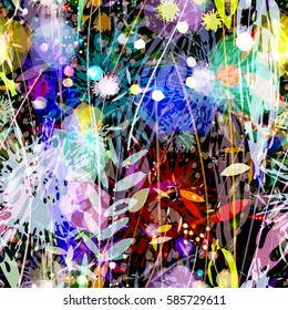 Chaotic botanical pattern with stylized plant and flowers. Organic texture. Colorful background. Watercolor effect
