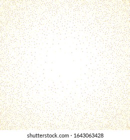 Chaotic bridal backdrop. Birthday card with metallic texture.  Vector round bokeh. Abstract iridescent background. Gold confetti. Isolated golden dust particles. Geometric anniversary illustration.