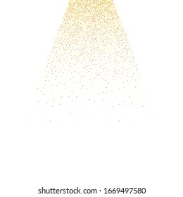 Chaotic bridal backdrop. Geometric anniversary illustration. Birthday card with metallic texture. Gold confetti. Isolated golden dust particles.  Vector round bokeh. Abstract iridescent background.