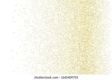 Chaotic bridal backdrop.  Vector round bokeh. Abstract iridescent background. Gold confetti. Isolated golden dust particles. Birthday card with metallic texture. Geometric anniversary illustration.