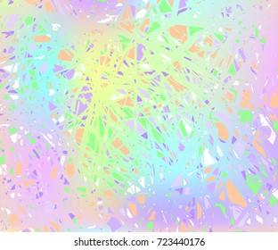 Chaotic bright elements. Multicolored fragments on a mesh hologram background. Universal print for paper, fabric, wallpaper, textiles. Vector illustration EPS 10