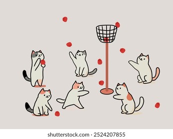 A chaotic cat ball tossing contest. The members of the red team couldn't get any balls in, so they got annoyed and started playing. But .