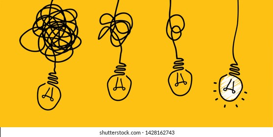 Chaotic or chaos and order. Comic brain electric lamp idea doodle. FAQ, business loading concept. Fun vector light bulb icon or sign ideas. Brilliant lightbulb education  or invention. strategy