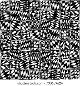 Chaotic chess background. Geometric grungy pattern. Artistic chaotic texture. Black and white grungy texture