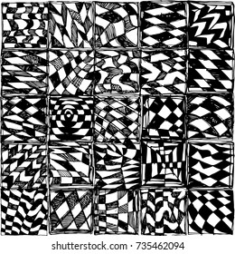 Chaotic chess background. Geometric grungy background. Artistic chaotic texture. Black rough texture. Vector black grunge background