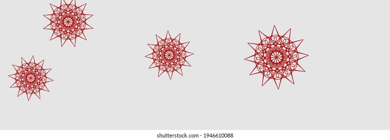 Chaotic Christmas Horizontal Chaotic Wallpaper. Stars New Year Snowflakes Print Mandala Design Pic. Bright Santa White Winter Snow Pattern. Silver Red Ornamental Holiday Grey Sky Background.