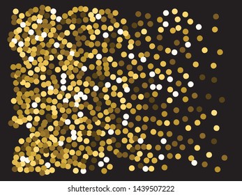 Chaotic circles on black background. Vector illustration surprise. Magic element of your design. Gold elegant trendy pattern for paper packaging, greeting card, banner, invitation, postcard.