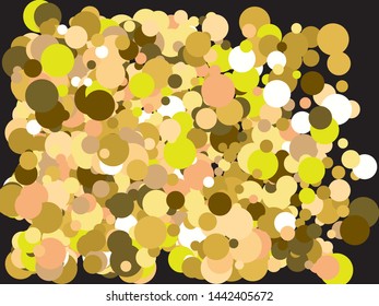 Chaotic circles on black background. Vector illustration art. Unusual element of your design. Gold elegant trendy pattern for paper packaging, greeting card, banner, invitation, postcard.