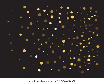 Chaotic circles on black background. Stylish element of your design. Vector illustration theme. Gold elegant trendy pattern for paper packaging, greeting card, banner, invitation, postcard.