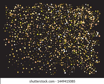 Chaotic circles on black background. Vector illustration effect. Magic element of your design. Gold elegant trendy pattern for paper packaging, greeting card, banner, invitation, postcard.