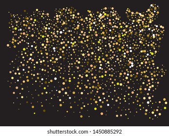 Chaotic circles on black background. Vibrant element of your design. Vector illustration concept. Gold elegant trendy pattern for paper packaging, greeting card, banner, invitation, postcard.