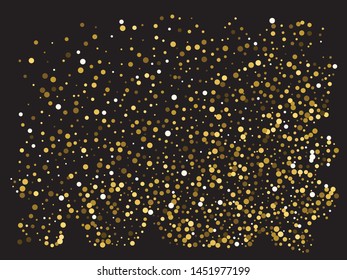 Chaotic circles on black background. Vector illustration object. Fashionable element of your design. Gold elegant trendy pattern for paper packaging, greeting card, banner, invitation, postcard.