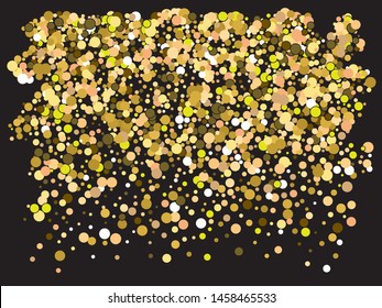 Chaotic circles on black background. Random element of your design. Vector illustration surprise. Gold elegant trendy pattern for paper packaging, greeting card, banner, invitation, postcard.