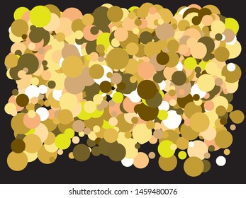 Chaotic circles on black background. Fresh element of your design. Vector illustration effect. Gold elegant trendy pattern for paper packaging, greeting card, banner, invitation, postcard.