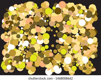 Chaotic circles on black background. Random element of your design. Vector illustration surprise. Gold elegant trendy pattern for paper packaging, greeting card, banner, invitation, postcard.