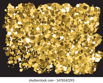 Chaotic circles on black background. Random element of your design. Vector illustration space. Gold elegant trendy pattern for paper packaging, greeting card, banner, invitation, postcard.